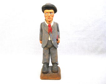 Folk Art Male Portrait Carving Figure Sculpture, Vintage Hand Carved Rustic Cabin Décor