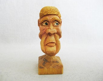 Folk Art Male Bust Portrait Sculpture, Wood Carving Rustic Cabin Home Décor