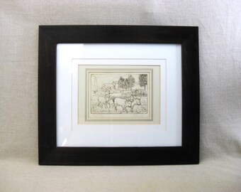 Landscape Etching, Cattle Animal Antique Fine Art Prints, Vintage Modern Rustic Cabin Farm Home Décor