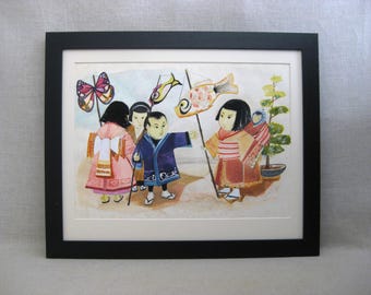 Vintage Asian Child Portrait Painting, Framed Original Watercolor, Colorful Playful Figurative