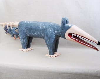 Vintage Minnie Adkins Folk Art Possum Carving, 1996 Original Animal Sculpture