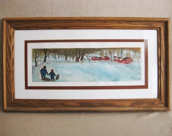 Snowy Winter Landscape Engraving, Child Portrait Framed Original, Vintage Wall Art Signed Buhell Rustic Mountain Cabin Décor