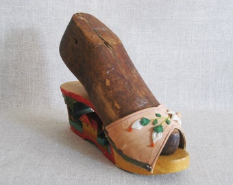 Vintage Folk Art Shoe Sculpture, Hand Carved Platform Sandal WWII Souvenir Chinoiseries