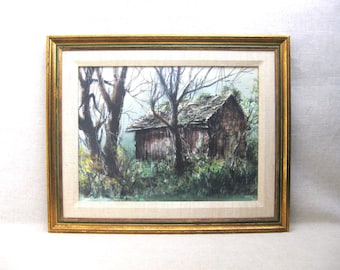 Vintage Barn Landscape Watercolor Painting, Original Signed Richard Benda, Framed Rustic Décor