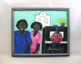 African American Folk Art Painting, Female Portrait Original Framed Naïve Wall Art Home Décor