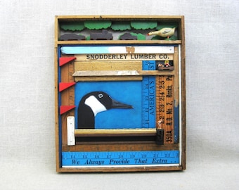 Original Canadian Goose Painting, Framed Assemblage Wall Art