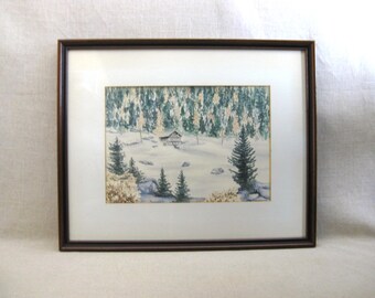 Vintage Snowy Winter Landscape, Framed Original Watercolor Painting, Signed M Young, Rustic Cabin Mountain