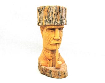 Folk Art Male Figure Bust Sculpture, European Portrait Carving, Vintage Wooden Hand Carved Rustic Décor