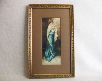Framed Original Female Portrait Watercolor Painting, Vintage E M Cook Wall Art Home Décor Gift Her