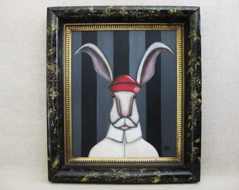 Framed Rabbit Painting, Original Portrait Hare, Animal Wildlife Wall Art Nursery Home Décor