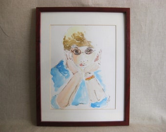 Female Portrait Vintage Watercolor Painting of Woman in Glasses Framed Original Fine Art