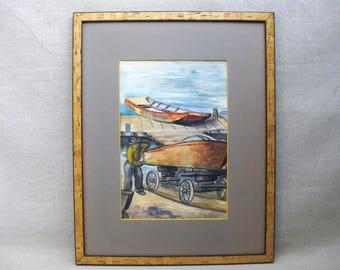 Vintage Male Portrait Painting, Nautical Watercolor Boats Harbor Landscape, Framed Original, Waterfront Art