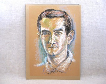 Mid-Century Male Portrait Drawing, Original Wall Art Mid-Century Masculine Wall Décor