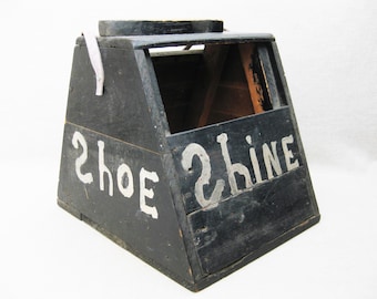 Vintage Folk Art Shoe Shine Kit Wooden Storage Box Rustic Primitive Cabin Décor