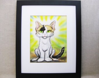 Pop Art Contemporary Cat Drawing, Framed Original, Vintage Whimsical Wall Art, Animal Lover Gift