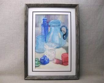 Vintage Still Life Watercolor Painting, Colorful Kitchen Wall Art