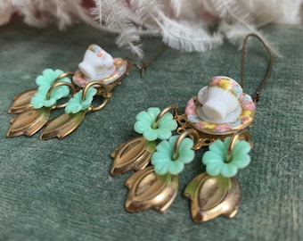 TEA in the GARDEN ~ Floral Tea Cup ~ Garden Party OOAK earrings