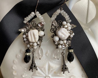 DARK WINTER in PARIS - Vintage Assemblage Chandelier Earrings - Eiffel Tower - Rhinestones- Sterling Silver