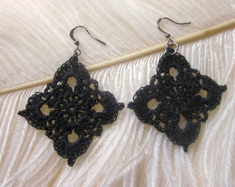 Hand Crocheted Diamond Doily Earrings - Black - Lacy