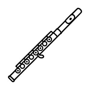 Op de afbeelding: Een zwart-wit lijntekening van een dwarsfluit. Het instrument heeft een lang cilindrisch lichaam met een reeks cirkelvormige kleppen, een duidelijk mondgat nabij de bovenkant en een eenvoudig, strak omlijnd ontwerp.