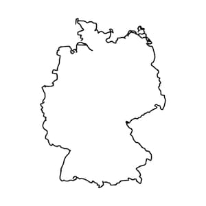 May include: A black line drawing depicting the geographical outline of Germany. The illustration features a continuous, thin black stroke that traces the borders of the country against a plain white background, highlighting the shape.