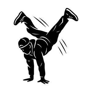 May include: A black silhouette graphic of a person performing a breakdance move. The figure is balanced on one hand with legs extended in the air, wearing a hooded sweatshirt, trousers, trainers, and a baseball cap, with motion lines indicating movement.