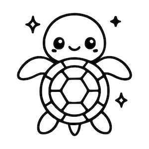 May include: A black and white line art illustration of a cute sea turtle with large circular eyes and a smiling mouth. The turtle features a patterned shell with hexagonal segments and is surrounded by four small four-pointed star shapes.