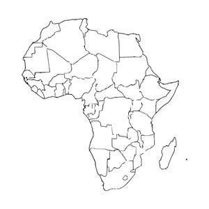 Könnte beinhalten: Eine schwarz-weiße Strichzeichnung des afrikanischen Kontinents, die die deutlichen Umrisse der einzelnen Länder und der Insel Madagaskar zeigt. Die Karte ist mit einfachen, klaren schwarzen Linien auf weißem Hintergrund dargestellt.