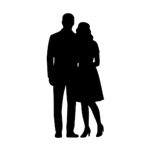 Könnte beinhalten: Eine massive schwarze Silhouette von zwei nebeneinander stehenden Figuren. Eine Figur ist größer und trägt ein anzugähnliches Outfit mit langer Hose, während die andere Figur etwas kleiner ist und ein Kleid mit ausgestelltem Rock trägt.