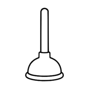 Op de afbeelding: Een zwart-wit lijntekening van een ontstopper. Het object heeft een lange, rechte cilindrische steel bevestigd aan een brede, koepelvormige rubberen zuignapvoet. Het ontwerp is eenvoudig, strak en maakt gebruik van dikke omlijningen.