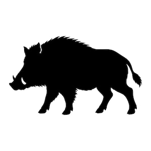 Puede incluir: Una silueta negra sólida de un jabalí de pie en perfil, mirando hacia la izquierda. El gráfico muestra la forma distintiva del animal, incluyendo sus orejas puntiagudas, colmillos curvados, crin erizada en el lomo y una cola delgada.