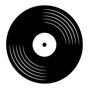 Può includere: Un'illustrazione grafica in bianco e nero di un disco in vinile circolare. Il design presenta un'area esterna nera solida con sottili linee bianche concentriche che rappresentano i solchi e un'etichetta centrale circolare bianca.