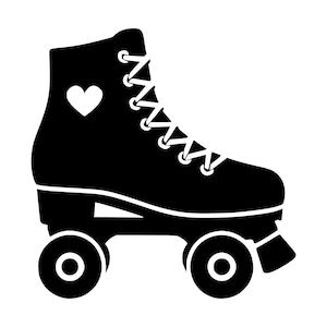 May include: A black and white graphic illustration of a high-top roller skate. The skate features a solid black boot with a white heart icon on the side, white laces, a black sole, four black wheels, and a black toe stop at the front.