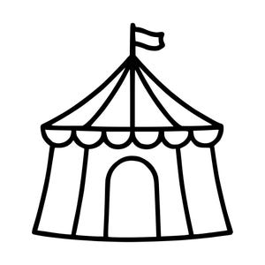 Peut inclure: Une illustration en noir et blanc au trait représentant un chapiteau de cirque. La tente présente un toit conique surmonté d'un petit drapeau, un bord festonné le long du toit et une porte centrale en arc. Le design utilise des contours nets.
