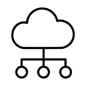 May include: A black line art icon depicting a cloud shape positioned above a horizontal line that connects to three evenly spaced circles below, representing a network or cloud computing structure on a plain white background.