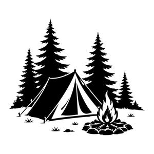 May include: A black and white graphic illustration featuring a triangular camping tent positioned in front of a cluster of tall pine trees. To the right of the tent, a campfire burns with stylised flames surrounded by a ring of stones on the ground.