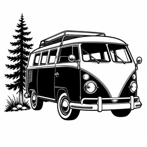 May include: A black and white graphic illustration of a vintage camper van with a roof rack, parked next to a tall pine tree. The van features a V-shaped front panel, round headlights, side mirrors, and a classic boxy silhouette with windows.