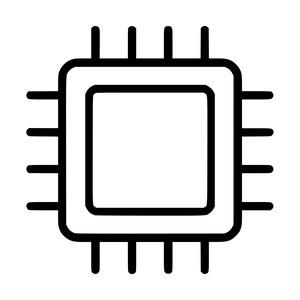 Pode incluir: Um ícone de arte linear em preto e branco de um chip de processador de computador quadrado. O quadrado central apresenta cantos arredondados e é cercado por quatro pinos retos que se estendem de cada um dos quatro lados, totalizando dezesseis pinos.