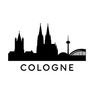Puede incluir: Una silueta negra del horizonte de Colonia que muestra la Catedral de Colonia con sus dos torres, la torre de telecomunicaciones Colonius y el puente Hohenzollern, con la palabra COLOGNE escrita en letras mayúsculas negras debajo.