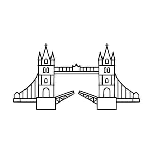 May include: A black and white line art illustration of Tower Bridge in London. The drawing features two tall towers with pointed roofs, a central walkway, and two drawbridge sections angled upwards in the middle, all rendered in simple strokes.