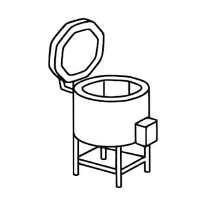 May include: A black and white line art illustration of a cylindrical kiln with an open octagonal lid. The kiln is supported by a four-legged metal stand and features a small rectangular control box attached to the side of the main chamber.