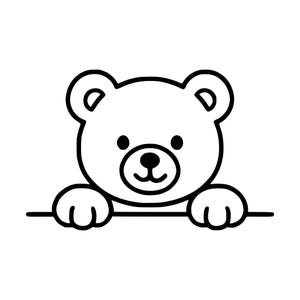 Pode incluir: Uma ilustração de arte linear em preto e branco de uma cabeça de urso de peluche com duas patas apoiadas numa linha horizontal. O urso tem orelhas arredondadas, olhos circulares, um pequeno nariz oval e uma linha de boca curva.