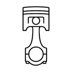 Può includere: Un'illustrazione a linee bianche e nere di un pistone motore con biella. Il disegno mostra una testa del pistone cilindrica con scanalature orizzontali sulla parte superiore, un foro centrale circolare e una lunga biella con una base circolare.