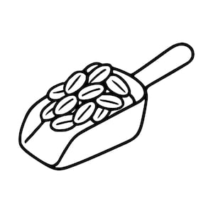 Puede incluir: Una ilustración de arte lineal en blanco y negro de una pala llena de un montón de granos de forma ovalada. El dibujo presenta un contorno simple y audaz de un utensilio de cocina que sostiene un montón de semillas o granos de cereal.