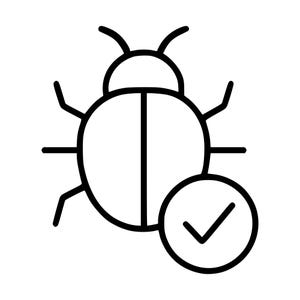 May include: A black line art icon of a beetle with a circular body, six legs, and two antennae. A small circle containing a checkmark is positioned in the lower right corner, overlapping the bottom of the beetle's body and one of its legs.