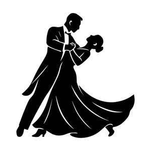 Op de afbeelding: Een zwarte silhouetafbeelding van twee figuren in formele kleding die een stijldans uitvoeren. Eén figuur draagt een rokkostuum en een broek, terwijl de andere een lange, zwierige jurk draagt die uitwaaiert in een elegante danshouding.