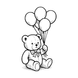 Puede incluir: Una ilustración de arte lineal en blanco y negro de un oso de peluche sentado que lleva una pajarita alrededor del cuello. El oso sostiene un grupo de cuatro globos redondos por sus cuerdas, con líneas de sombreado que definen su pelaje.