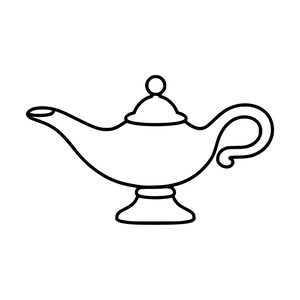 Può includere: Un disegno a linee in bianco e nero di una lampada a olio. La lampada presenta un beccuccio curvo a sinistra, un corpo arrotondato, un coperchio con un piccolo pomello sferico sulla parte superiore, un manico a destra e una base ampia e stabile.