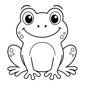 May include: A black and white line art illustration of a cartoon frog. The frog is depicted in a front-facing seated position with large circular eyes, a wide smiling mouth, and small spots on its cheeks and legs against a plain white background.