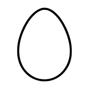 Puede incluir: Un contorno simple y simétrico en forma de huevo, representado por una línea negra gruesa y continua sobre un fondo blanco liso. La forma es suave y uniforme, creando una silueta ovalada clara que se estrecha ligeramente hacia la parte superior.
